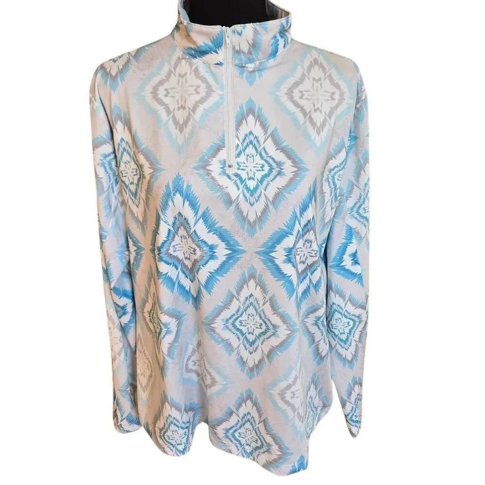 JEAN-PIERRE KLIFA Paris Womens Geometric 1/4 Zip Golf Shirt Blue White XL
